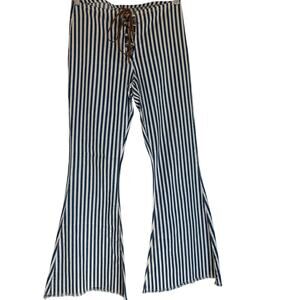 Dance & Marvel High Waist Striped Flare Pants Lace Up Blue White S